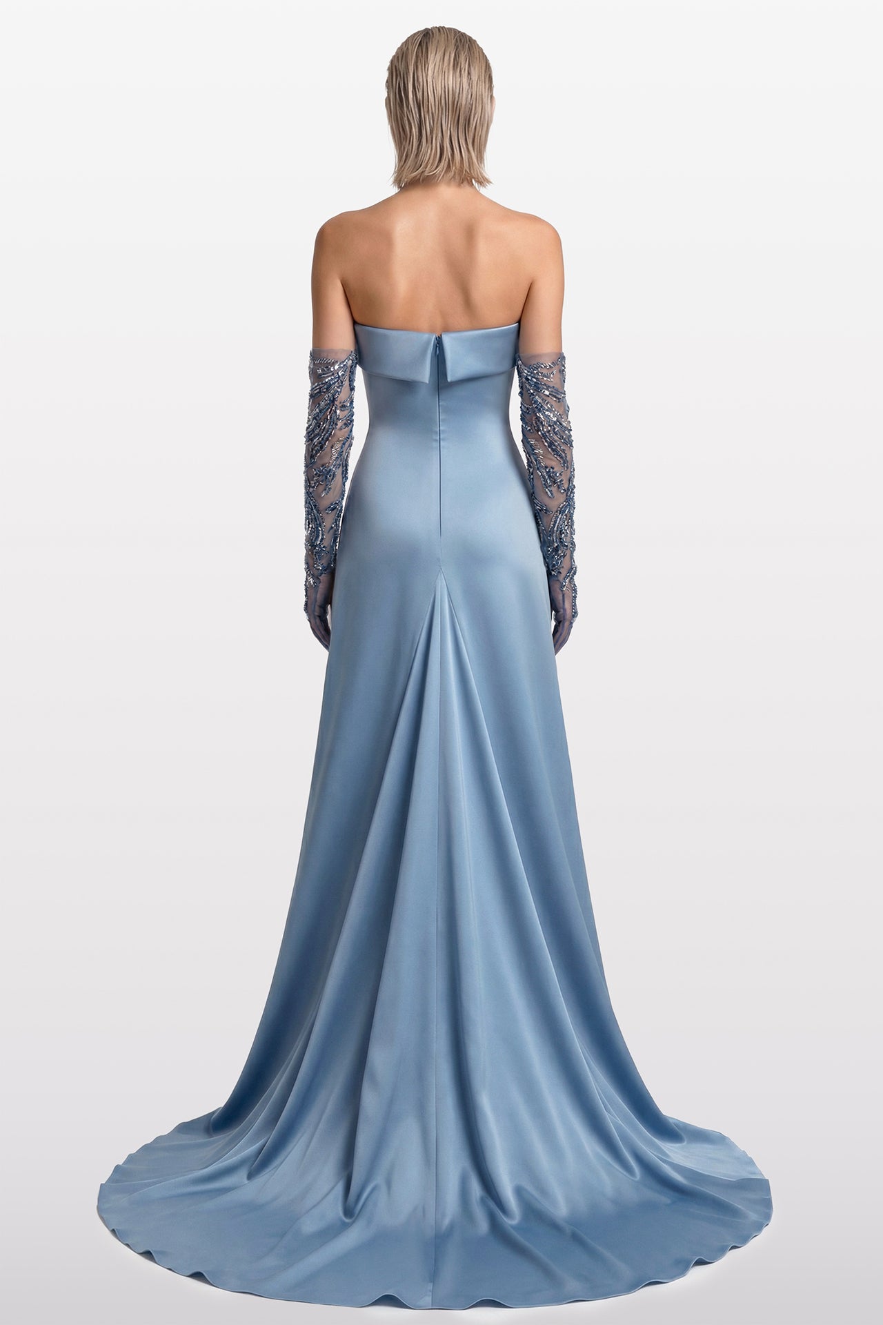 Strapless Satin Gown with Embroidered Gloves