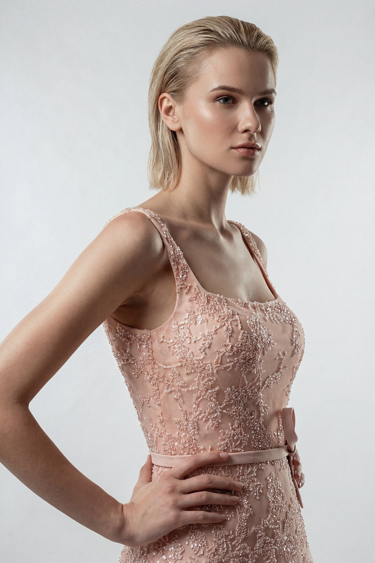 Embroidered Tulle A-Line Gown with Belt Detail