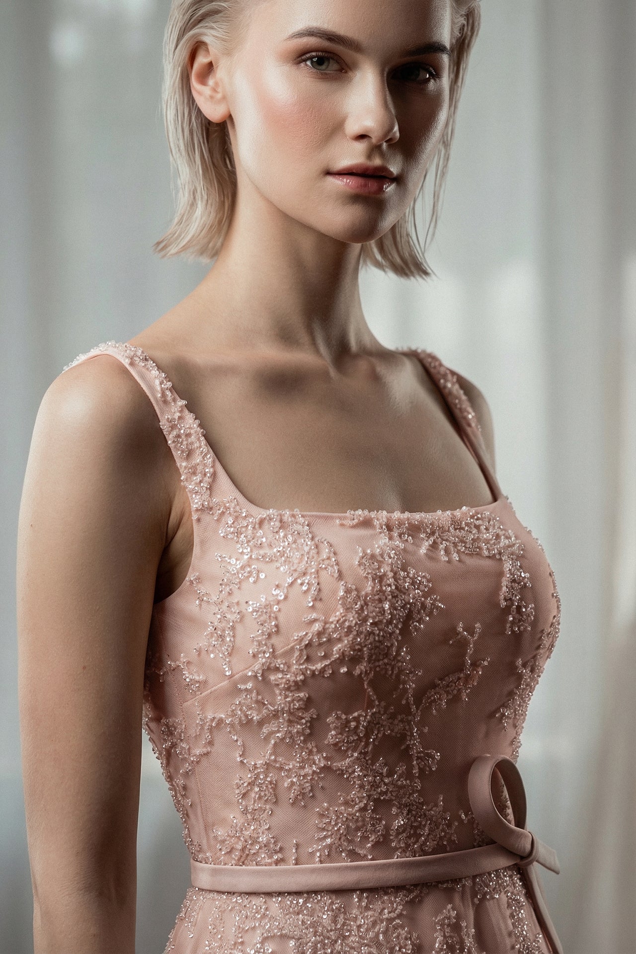 Embroidered Tulle A-Line Gown with Belt Detail