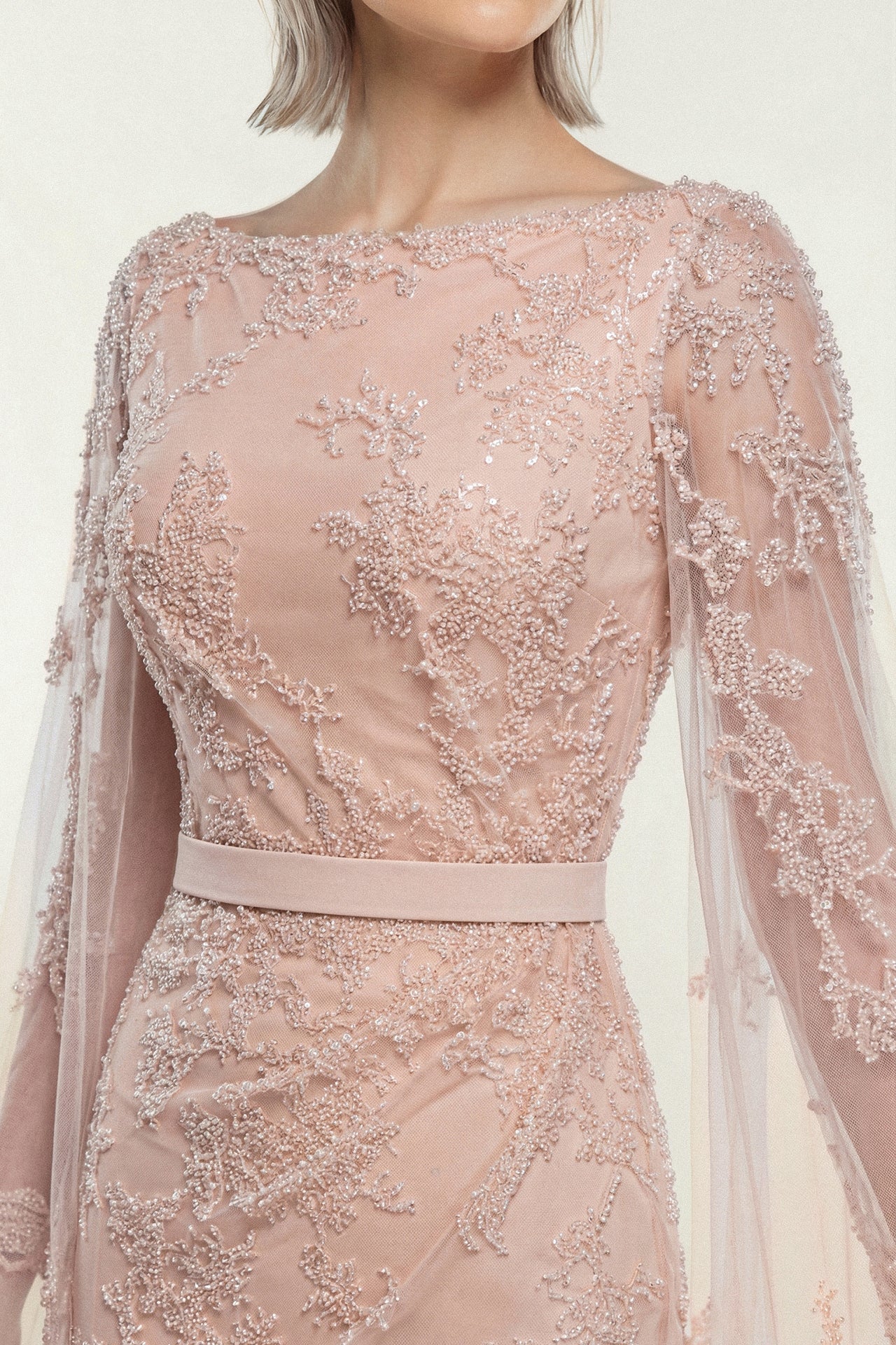 Embroidered Tulle Gown with Cape Sleeves