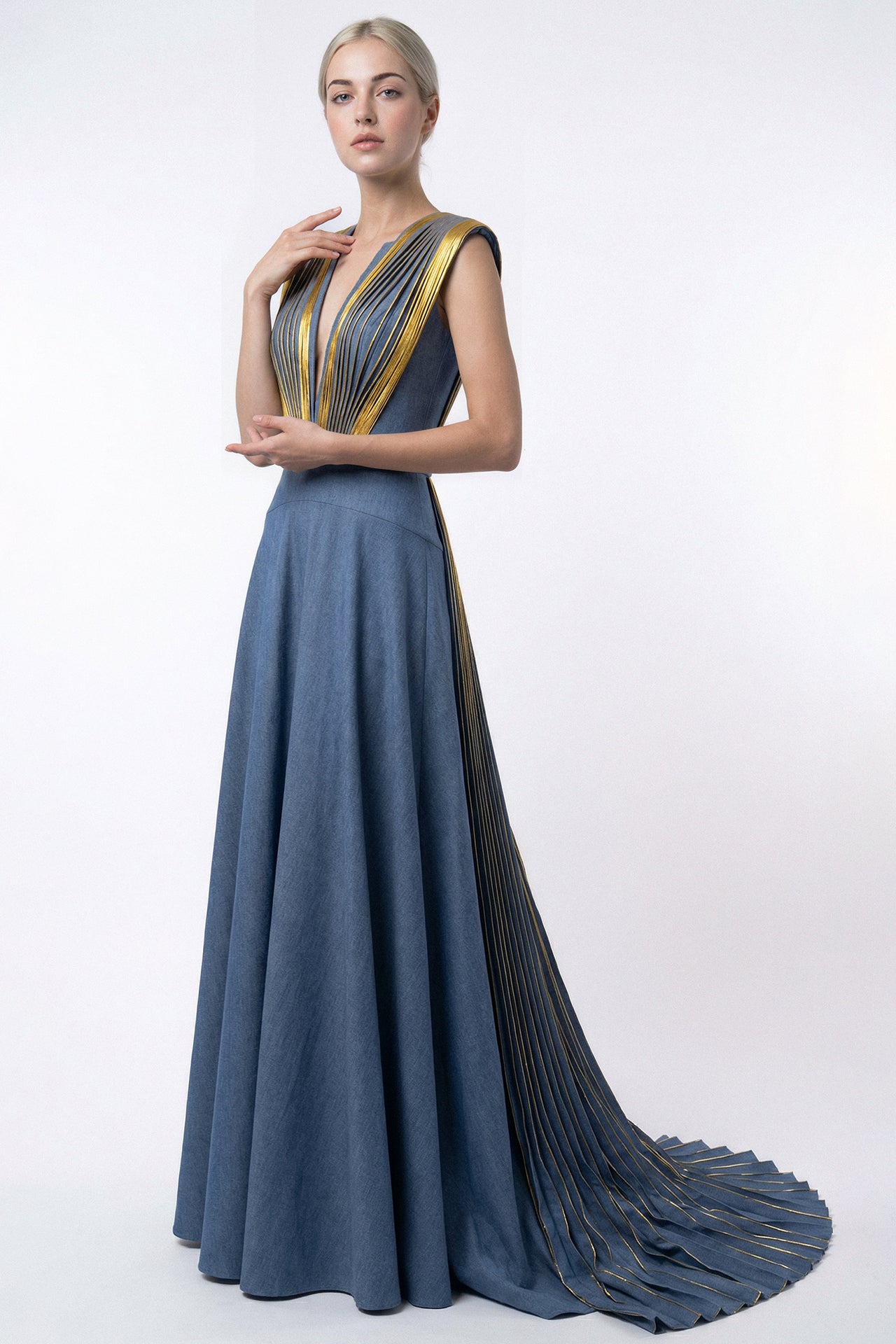 Metallic Pleated Shantung Gown