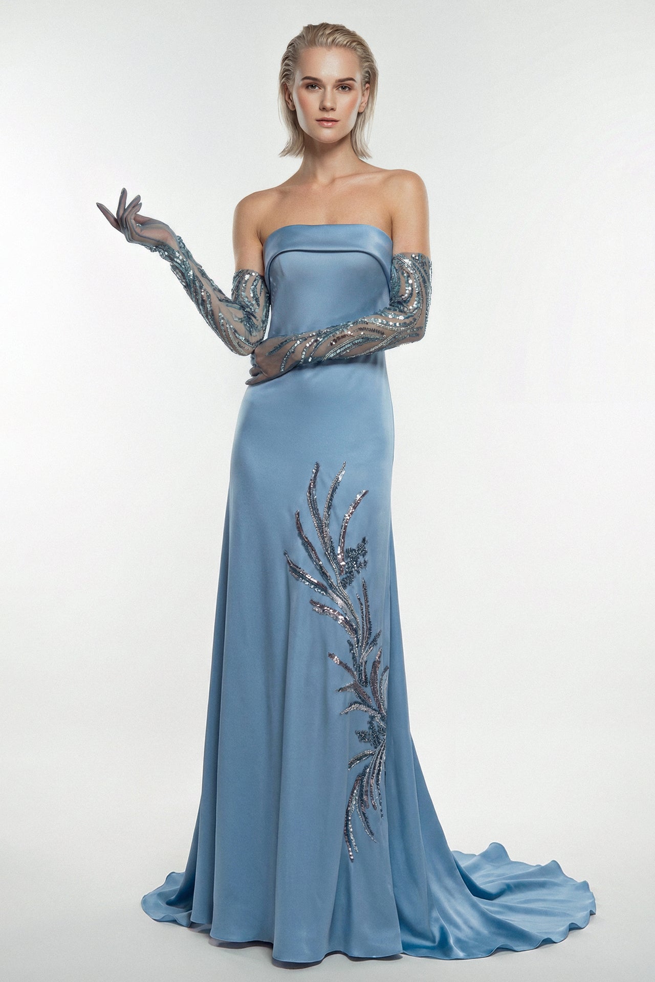 Strapless Satin Gown with Embroidered Gloves