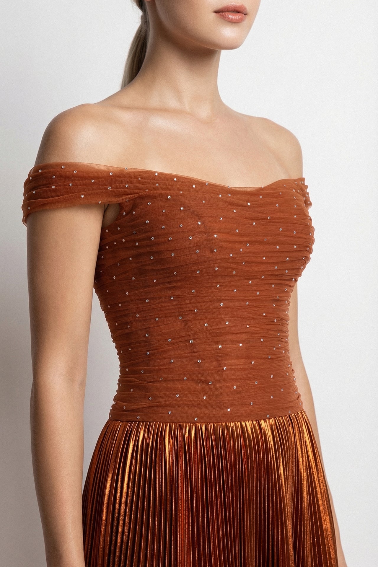 Off-Shoulder Draped Tulle and Pleated Lamé Gown