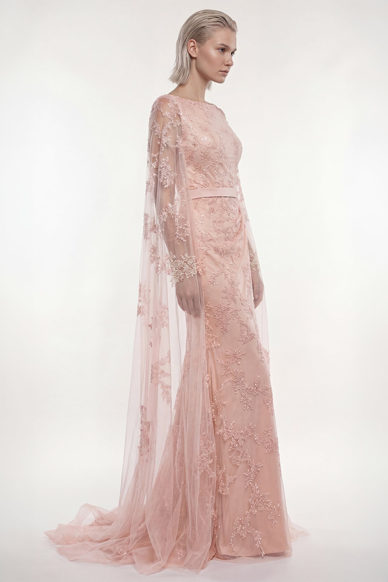 Embroidered Tulle Gown with Cape Sleeves