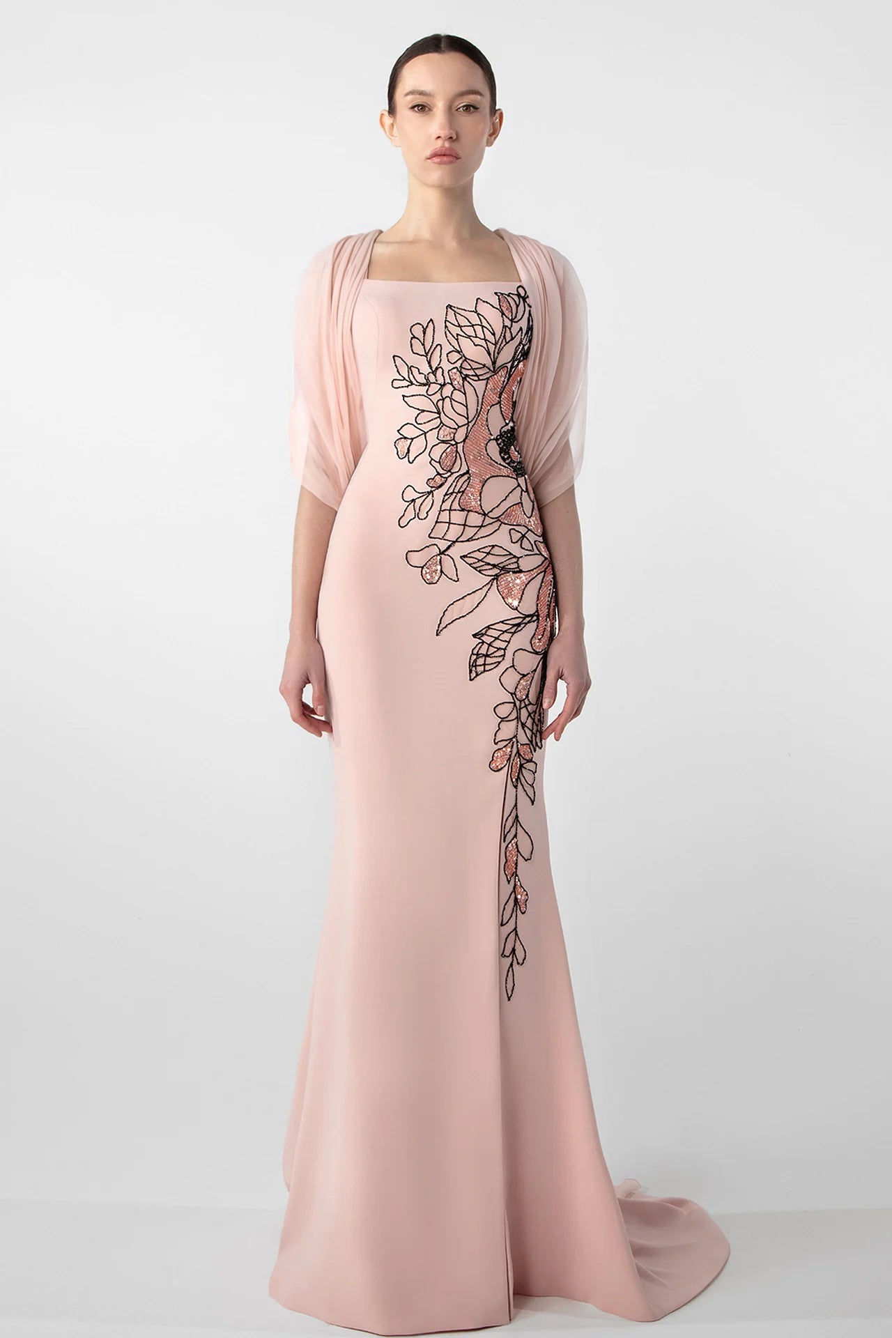 Fitted Crepe Dress with Embroidered Cape