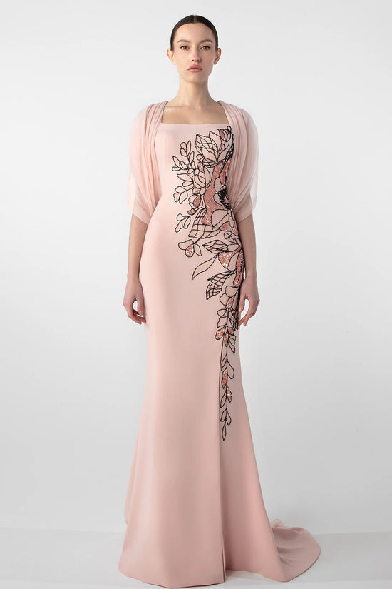 Fitted Crepe Dress with Embroidered Cape