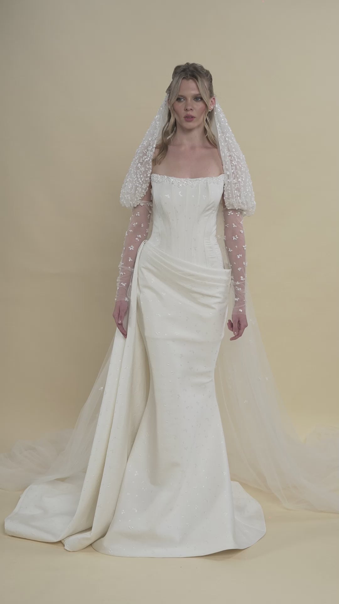 Load and play video in Gallery viewer, Strapless Corset Wedding Dress with Detachable Embroidered Sleeves
