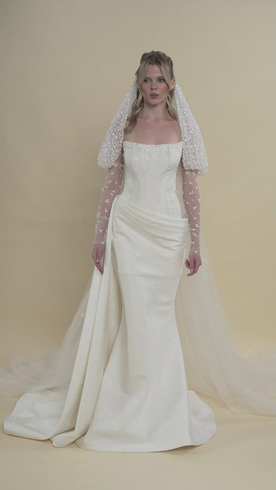 Load and play video in Gallery viewer, Strapless Corset Wedding Dress with Detachable Embroidered Sleeves
