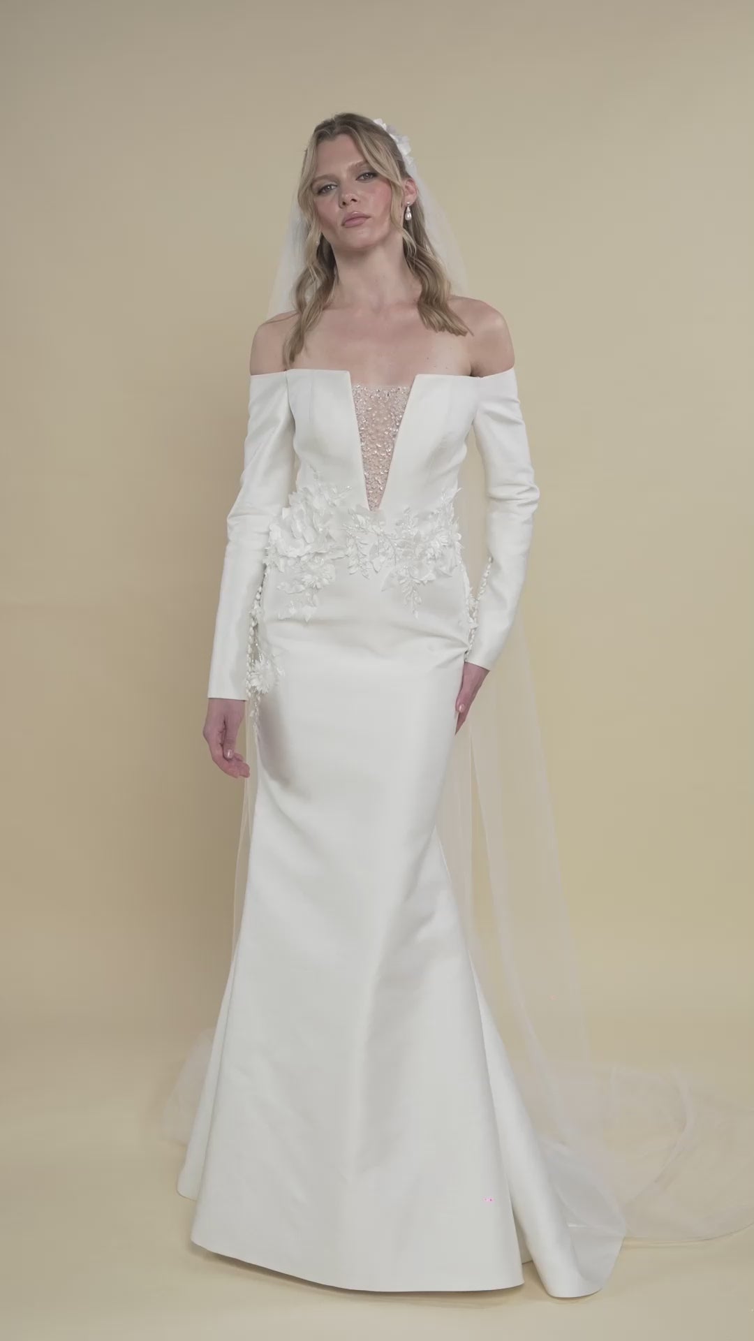 Load and play video in Gallery viewer, Off-Shoulder Mermaid Bridal Gown with Sheer Mesh Insert and Chapel-Length Veil
