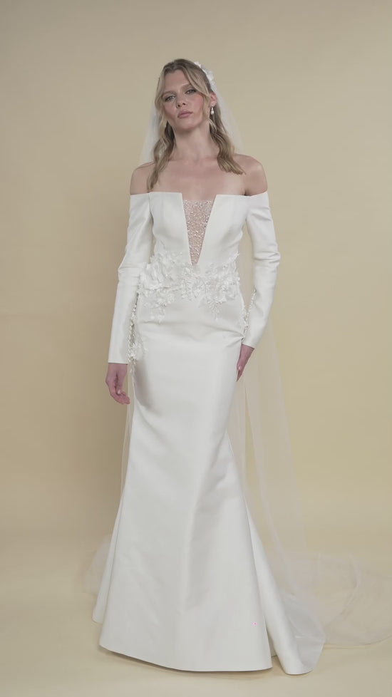 Load and play video in Gallery viewer, Off-Shoulder Mermaid Bridal Gown with Sheer Mesh Insert and Chapel-Length Veil
