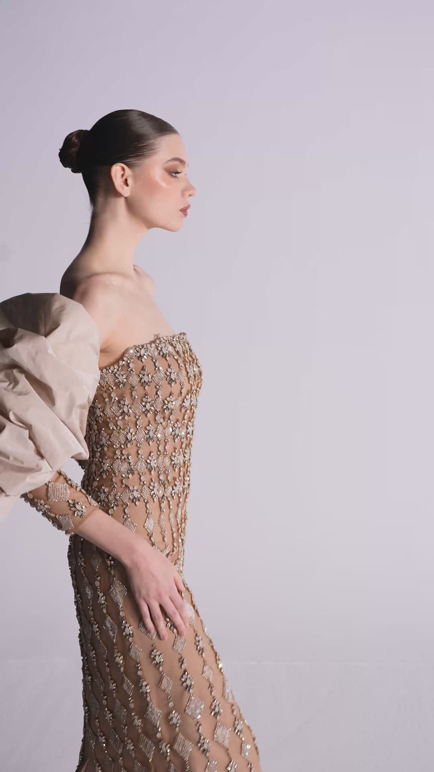 Load and play video in Gallery viewer, Embroidered Strapless Gown with Taffeta Bolero
