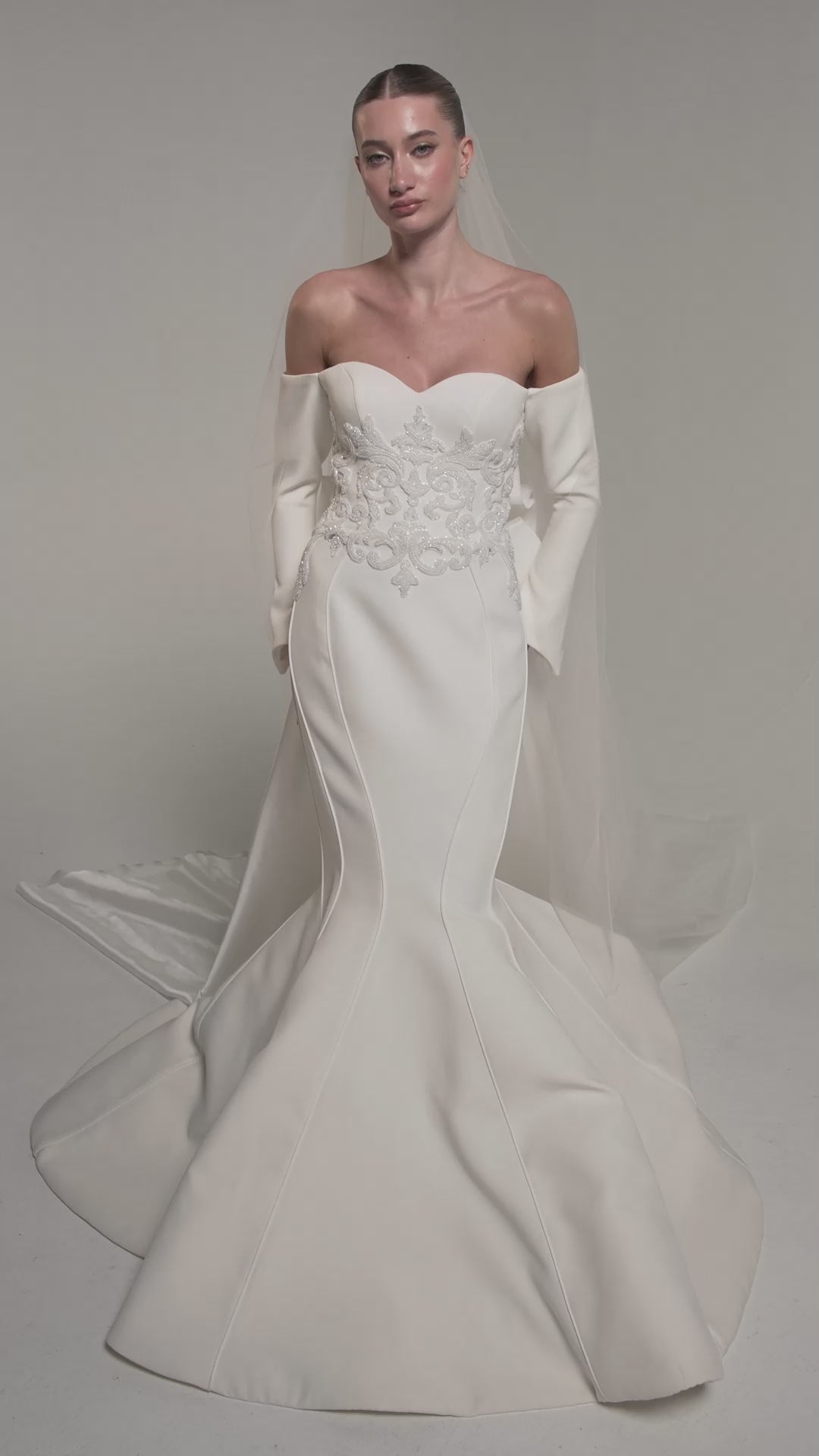 Load and play video in Gallery viewer, Off-Shoulder Sculpted Wedding Gown
