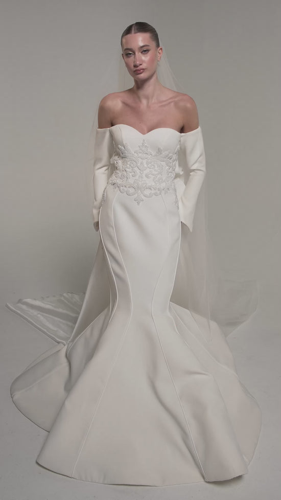 Load and play video in Gallery viewer, Off-Shoulder Sculpted Wedding Gown
