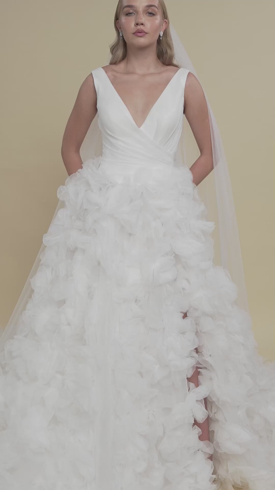 Load and play video in Gallery viewer, Floral Layered Bridal Gown with Side Slit and Matching Cathedral Veil
