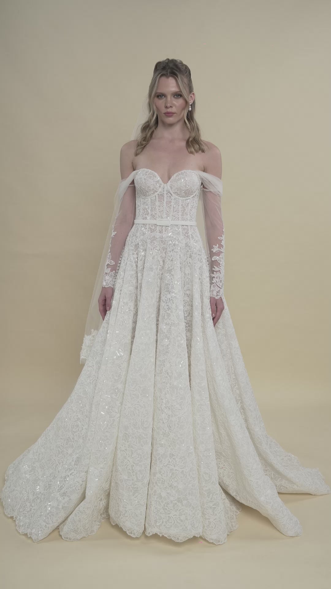 Load and play video in Gallery viewer, Sweetheart Corset Bridal Gown with Off-Shoulder Sleeves and Chapel Train
