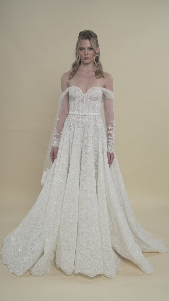 Load and play video in Gallery viewer, Sweetheart Corset Bridal Gown with Off-Shoulder Sleeves and Chapel Train
