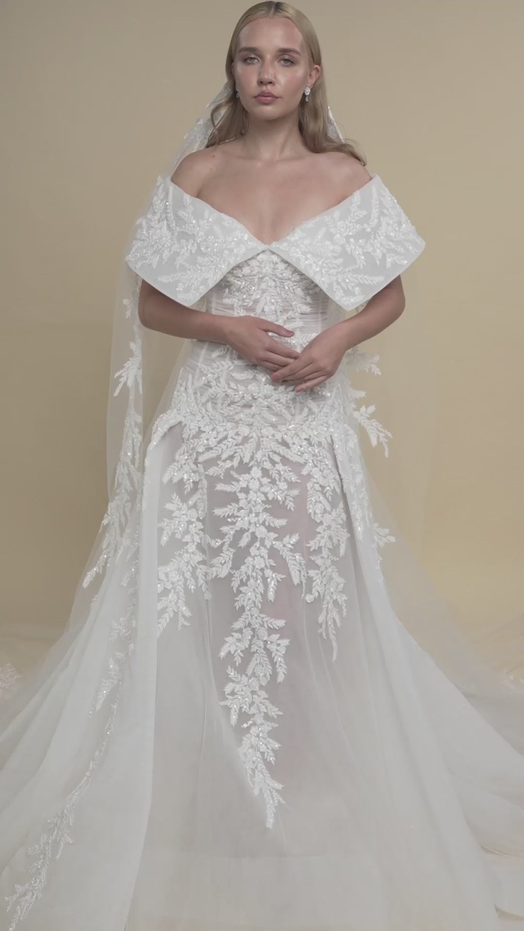 Load and play video in Gallery viewer, Off-Shoulder Corset Bridal Gown with Floral Lace and Cathedral Veil

