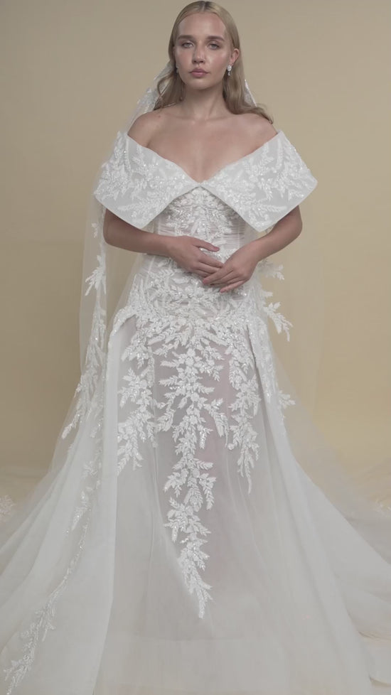 Load and play video in Gallery viewer, Off-Shoulder Corset Bridal Gown with Floral Lace and Cathedral Veil
