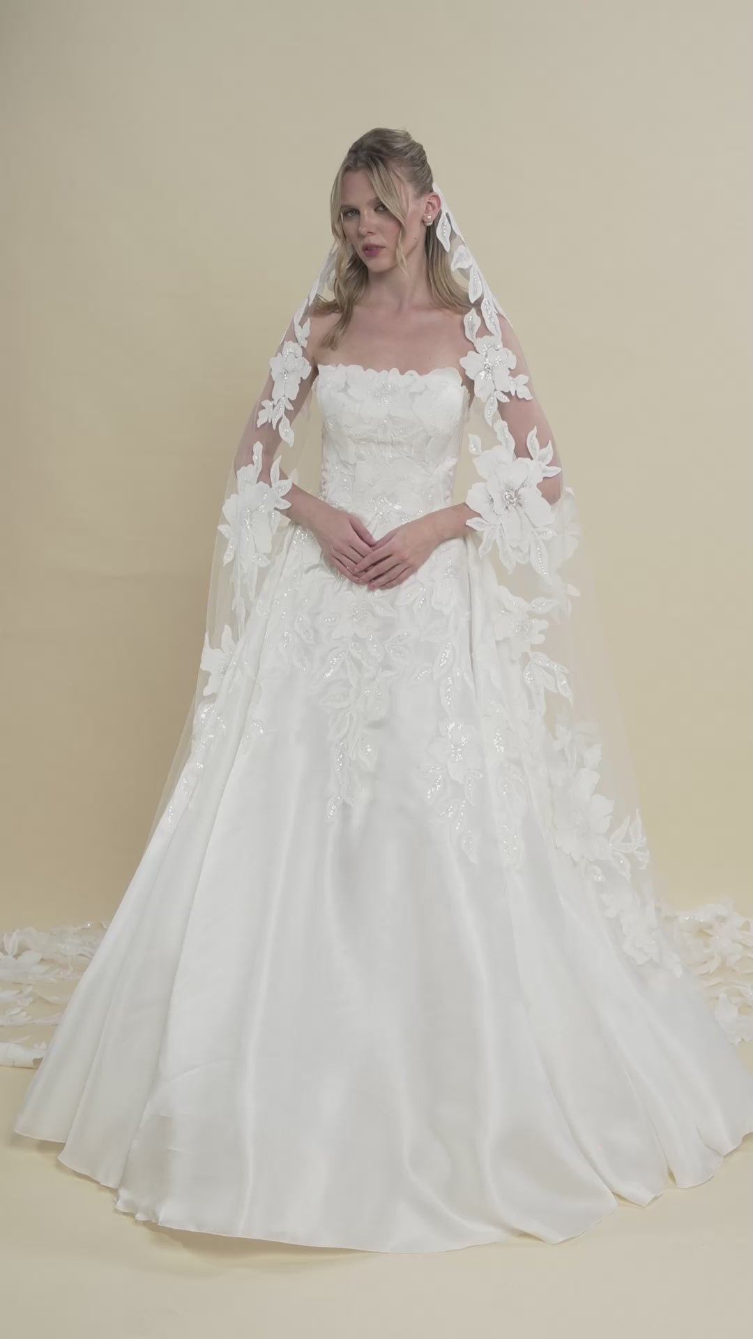 Load and play video in Gallery viewer, Strapless Bridal Gown with Floral Appliques and Cathedral Train
