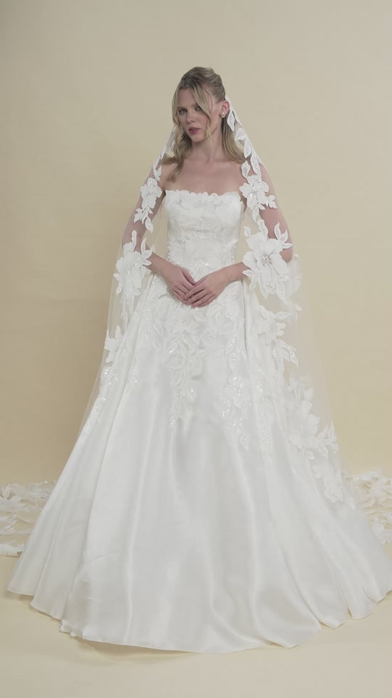 Load and play video in Gallery viewer, Strapless Bridal Gown with Floral Appliques and Cathedral Train
