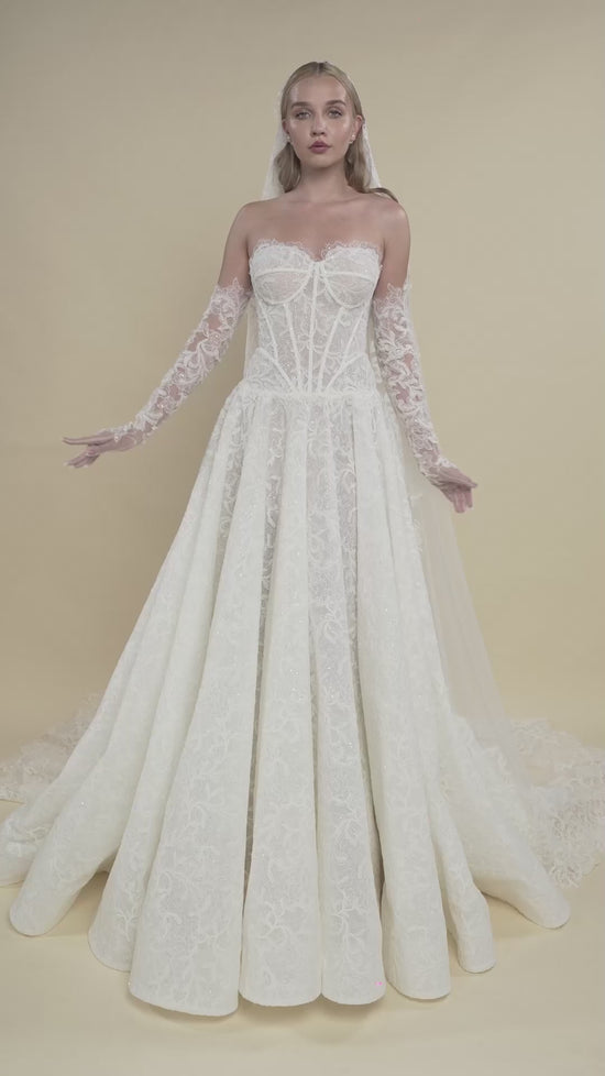 Load and play video in Gallery viewer, Sweetheart Bustier Bridal Gown with Lace Appliques and Chapel Train
