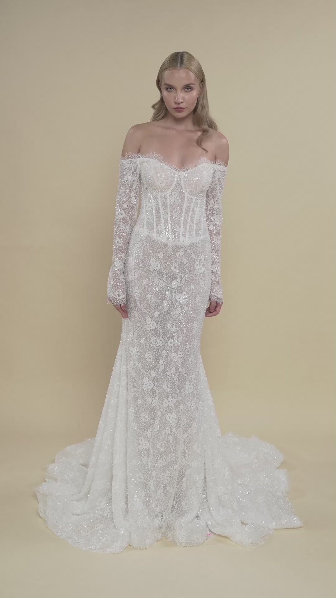 Load and play video in Gallery viewer, Off-Shoulder Fit-and-Flare Bridal Gown with Chapel Train and Cathedral Veil
