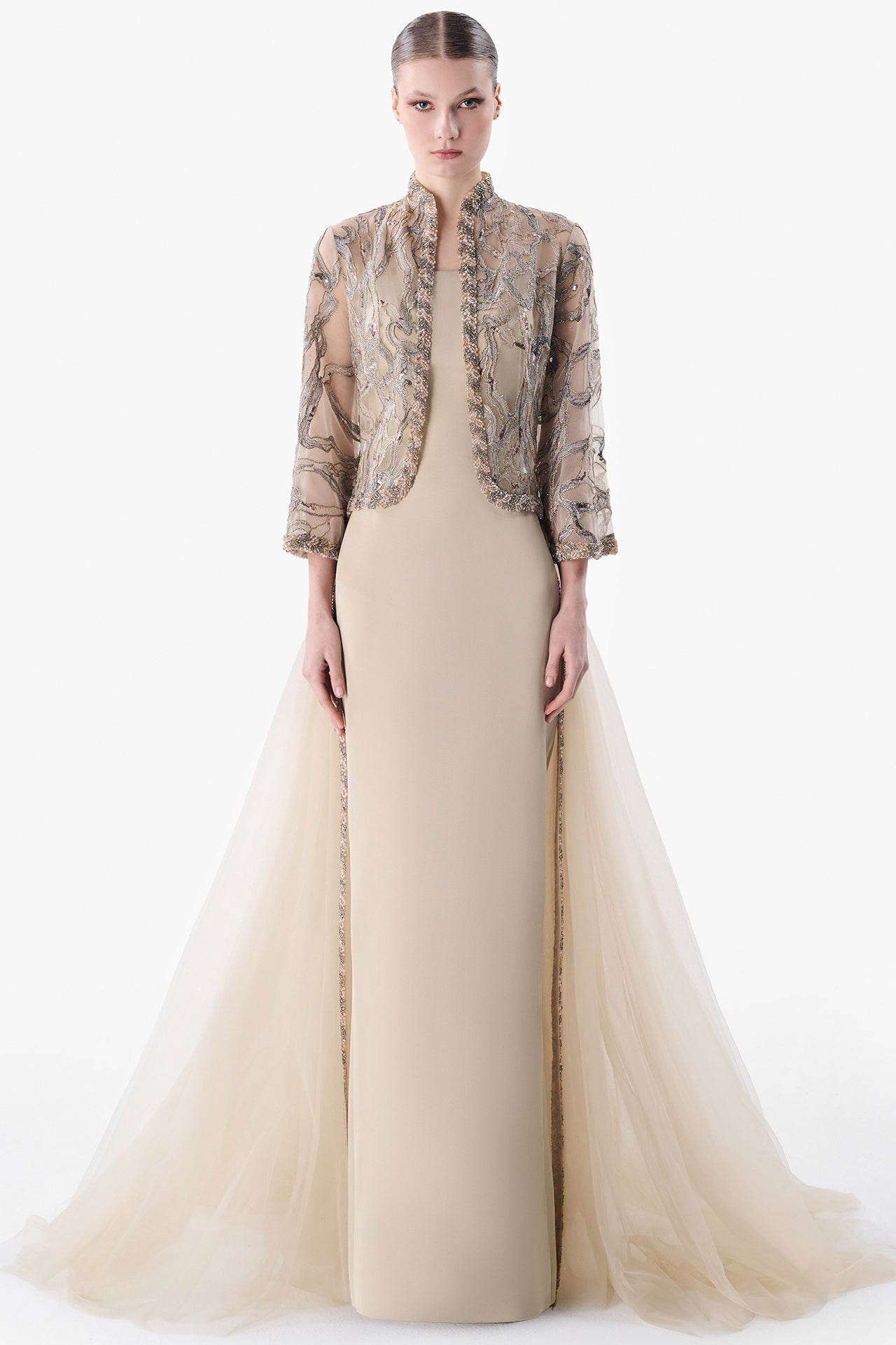 Load and play video in Gallery viewer, Embroidered Gown with Pleated Cape Sleeves
