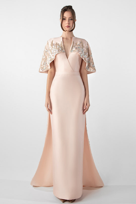 تحميل وتشغيل الفيديو في عارض المعرض، Plunging Neckline Dress with Embroidered Cape
