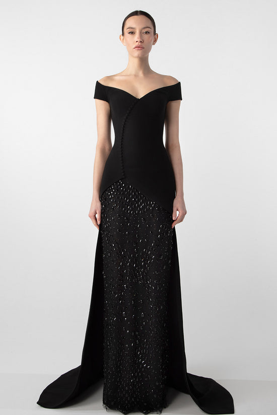 تحميل وتشغيل الفيديو في عارض المعرض، Off-Shoulder Gown with Embroidered Jet Stones
