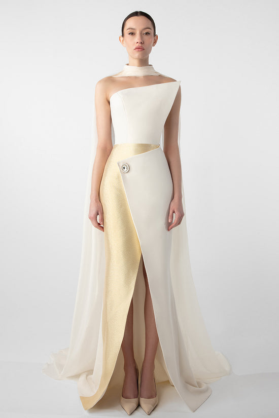 تحميل وتشغيل الفيديو في عارض المعرض، Asymmetrical Dress with Gold Accents and Chiffon Cape
