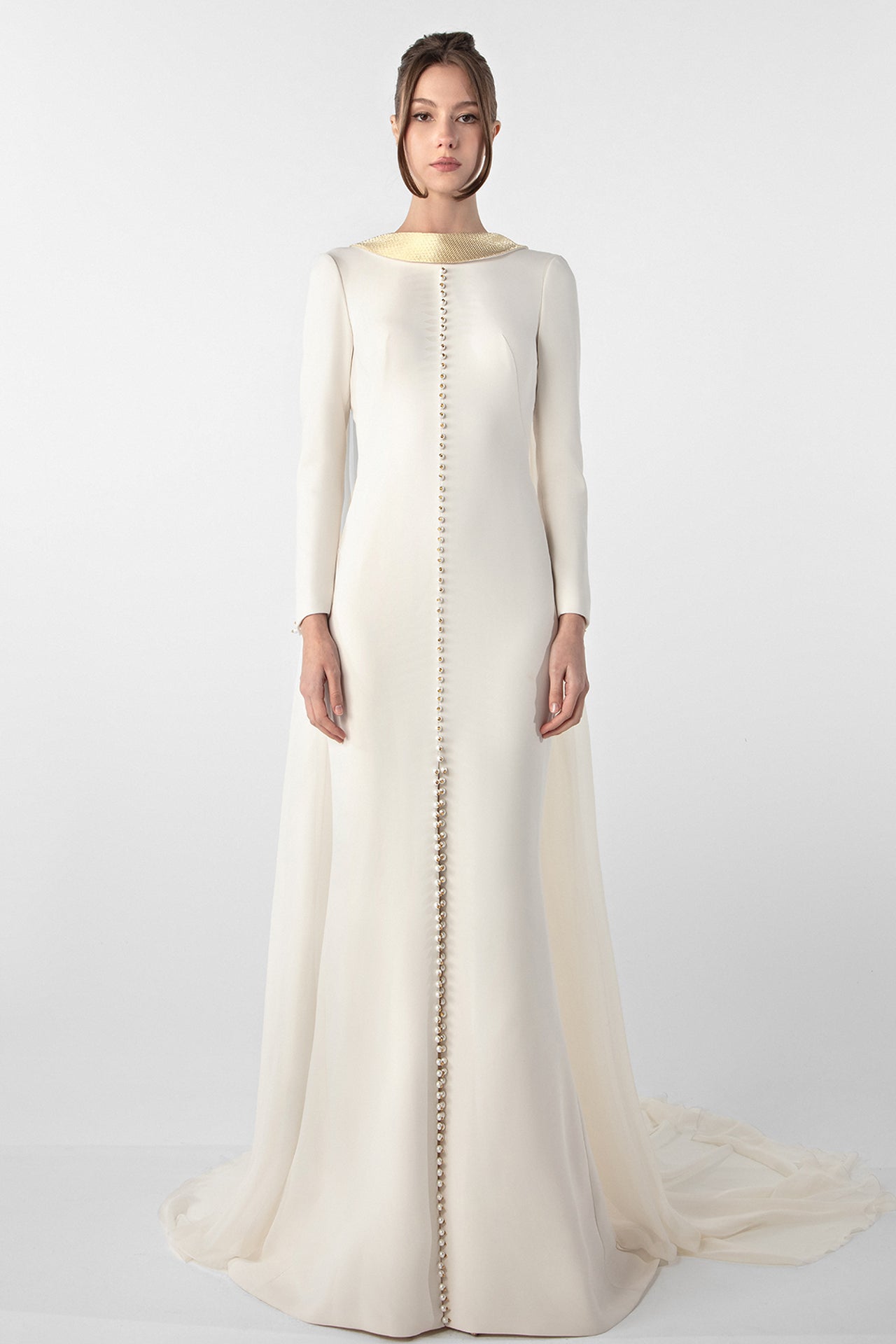 تحميل وتشغيل الفيديو في عارض المعرض، Crepe Dress with Metallic Collar and Chiffon Cape
