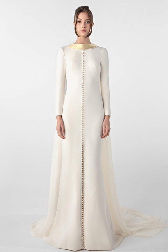 تحميل وتشغيل الفيديو في عارض المعرض، Crepe Dress with Metallic Collar and Chiffon Cape
