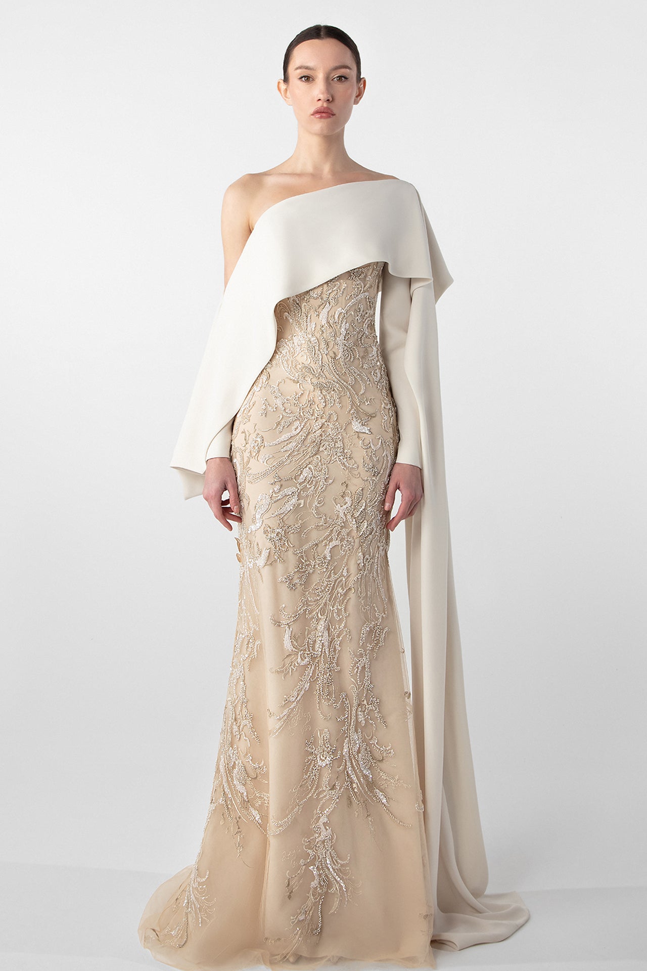 تحميل وتشغيل الفيديو في عارض المعرض، Embroidered Mermaid Dress with Draped Sleeve
