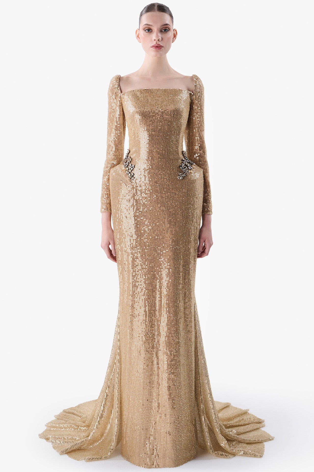 تحميل وتشغيل الفيديو في عارض المعرض، Sequined Column Gown with Crystal Accents
