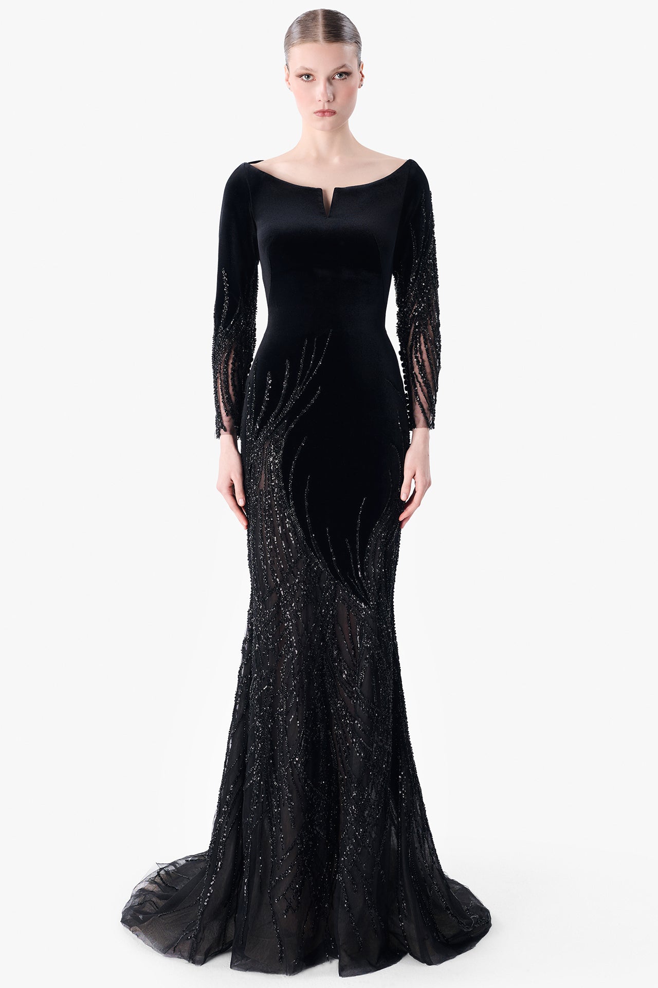 Load and play video in Gallery viewer, Velvet Gown with Embroidered Tulle Panels
