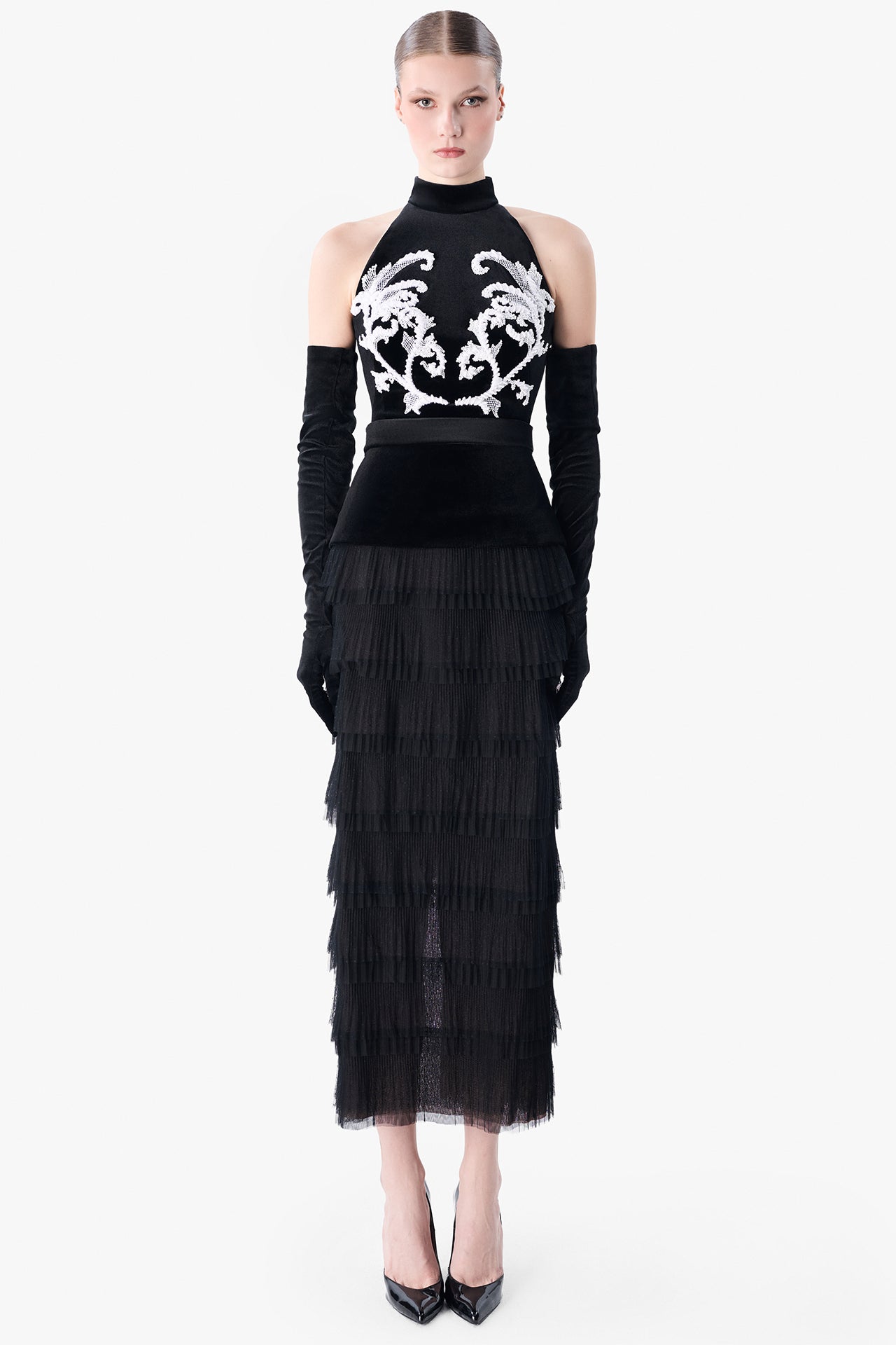 Load and play video in Gallery viewer, Halter Velvet Dress with Embroidered Bodice
