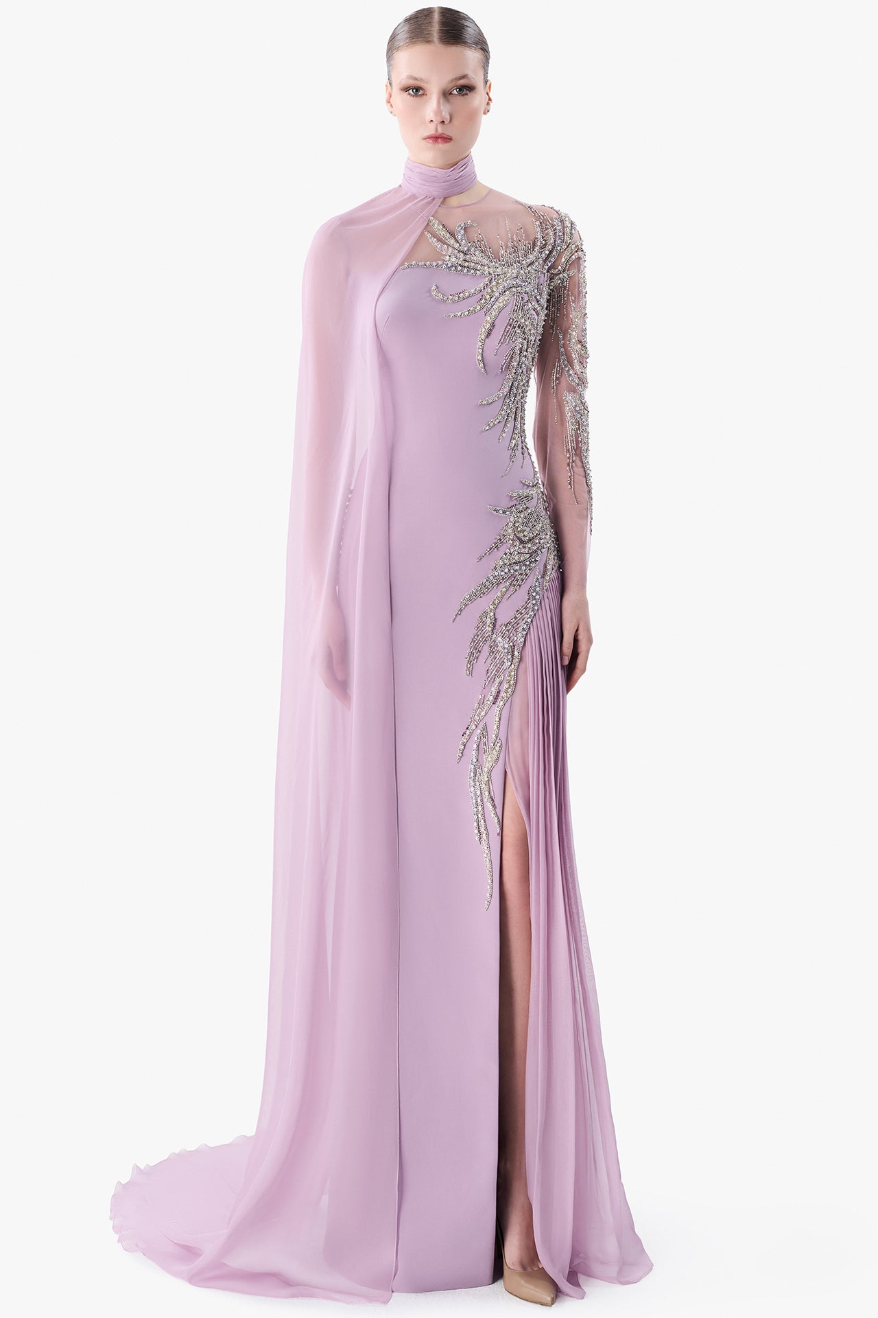 تحميل وتشغيل الفيديو في عارض المعرض، Asymmetric Embroidered Cape Gown
