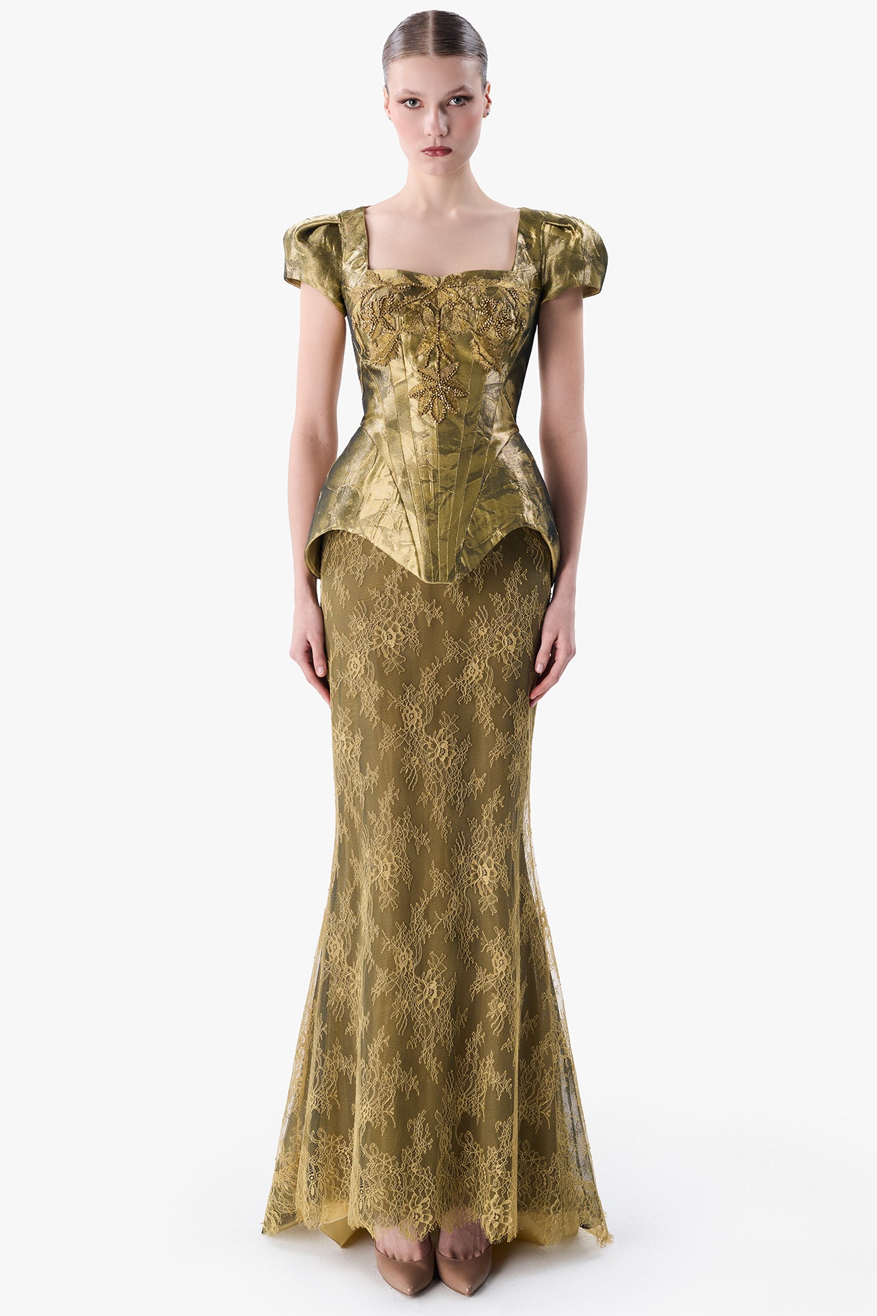 تحميل وتشغيل الفيديو في عارض المعرض، Metallic Jacquard Peplum Gown
