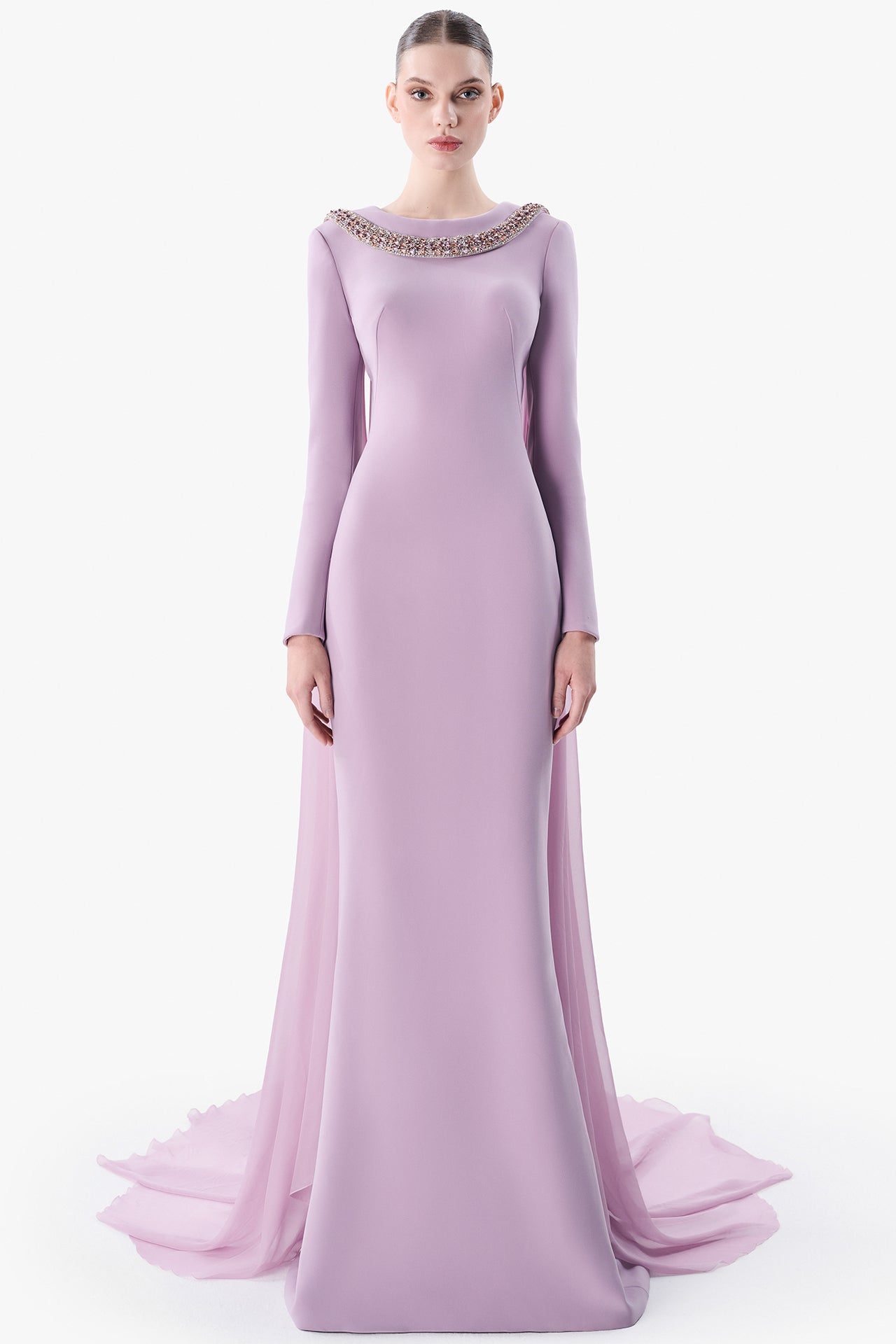 Load and play video in Gallery viewer, Embellished Neckline Crepe Gown
