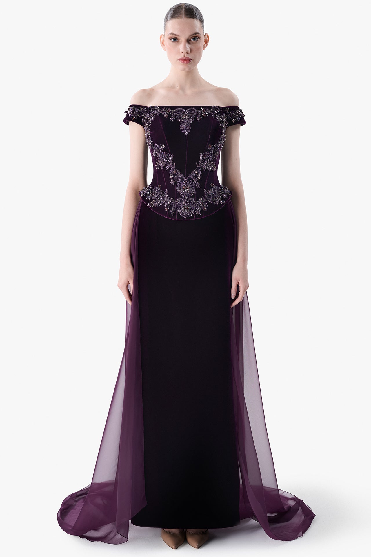 Load and play video in Gallery viewer, Off-Shoulder Embroidered Velvet Gown
