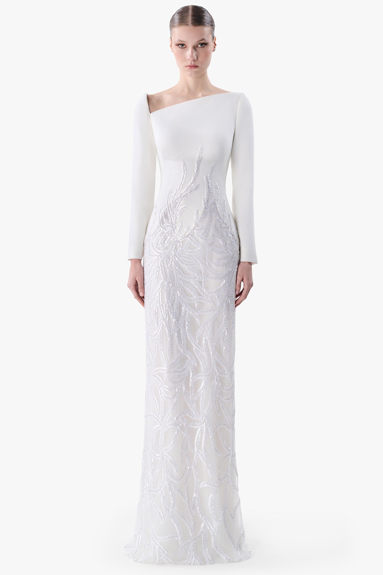 تحميل وتشغيل الفيديو في عارض المعرض، Asymmetric Crepe Gown with Embroidered Skirt
