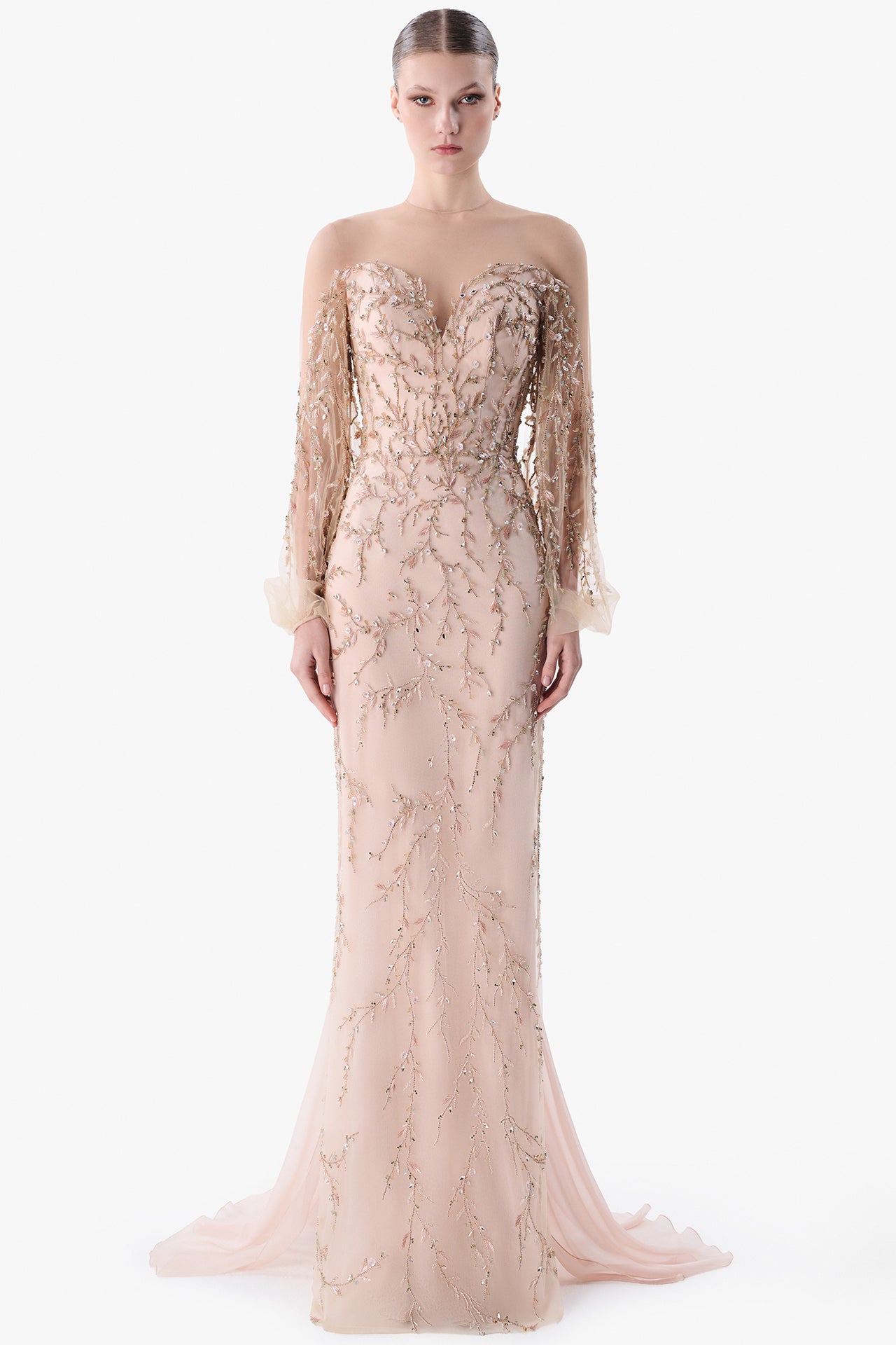 Load and play video in Gallery viewer, Embroidered Gown with Draped Back Cape
