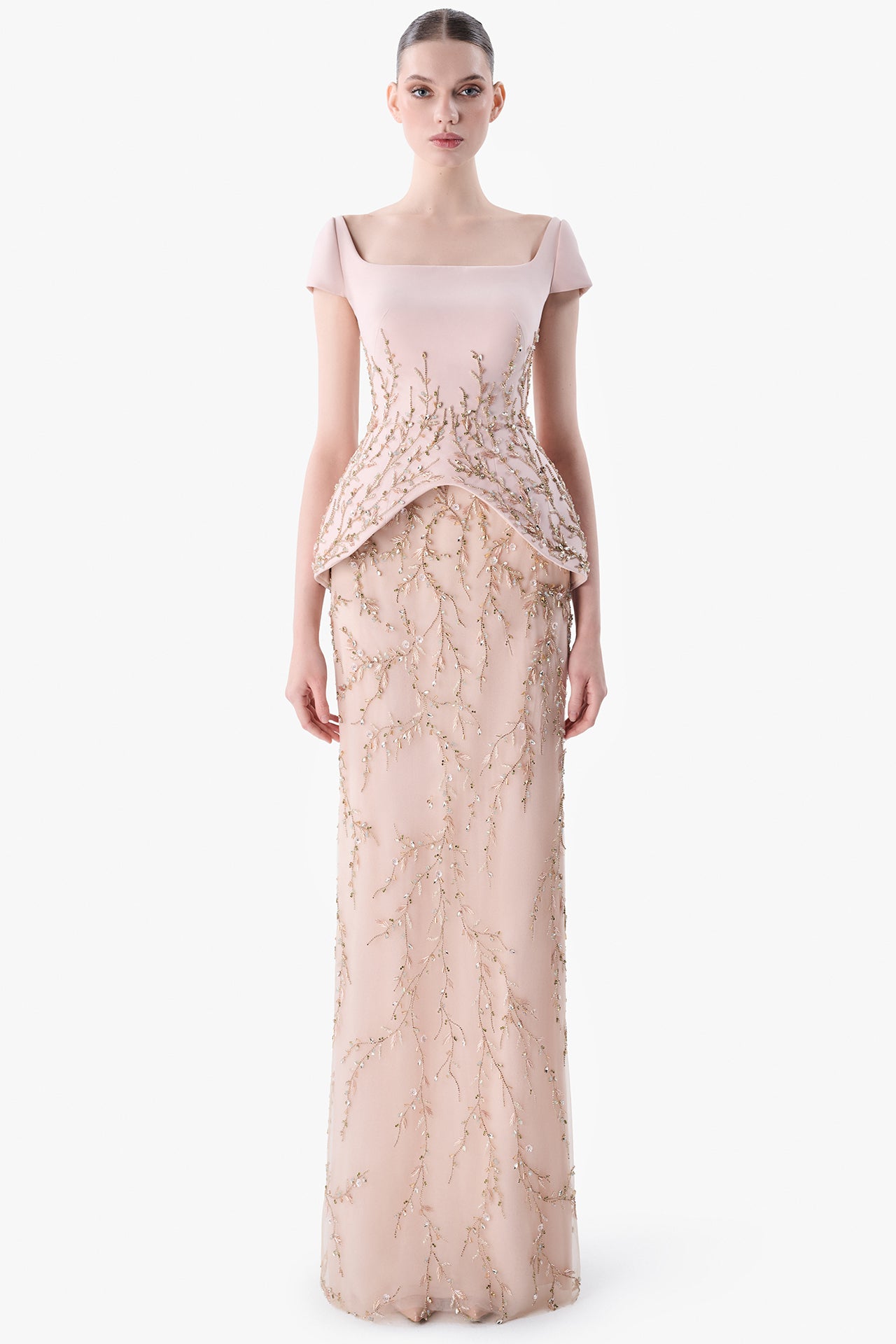 Load and play video in Gallery viewer, Embroidered Peplum Gown with Square Neckline
