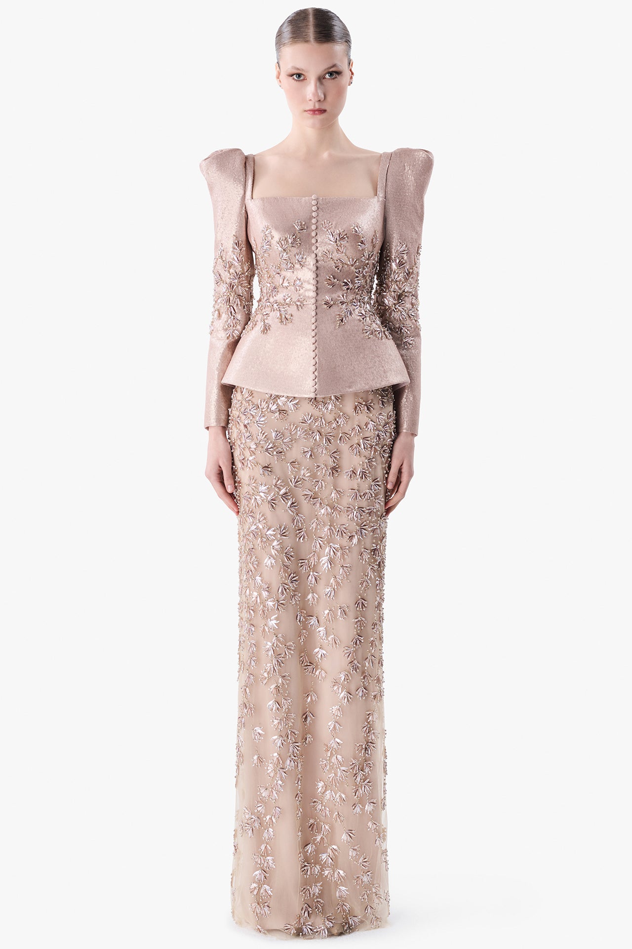Load and play video in Gallery viewer, Structured Peplum Gown with Embroidered Skirt
