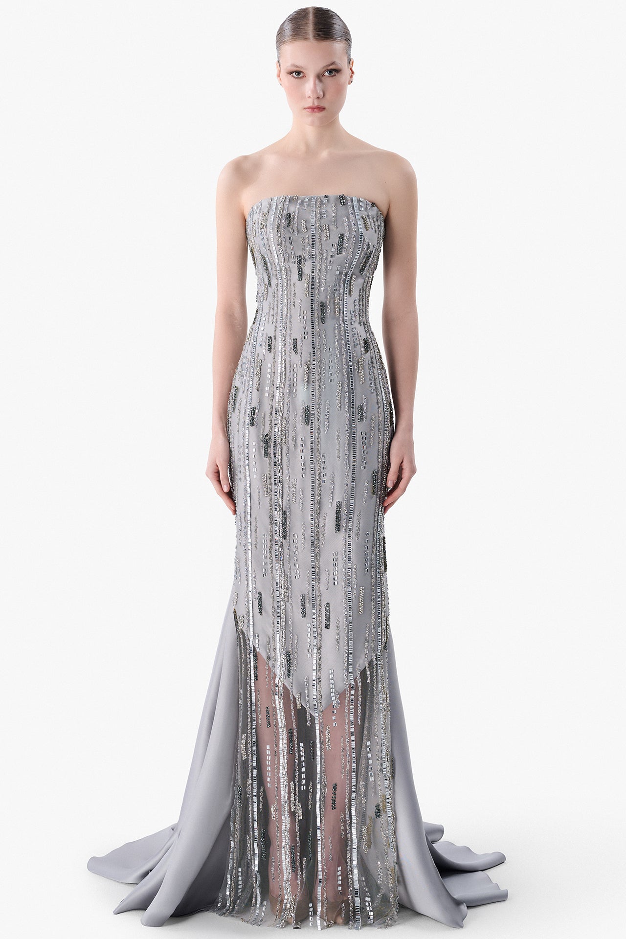 Load and play video in Gallery viewer, Strapless Embroidered Tulle Gown with Satin Train
