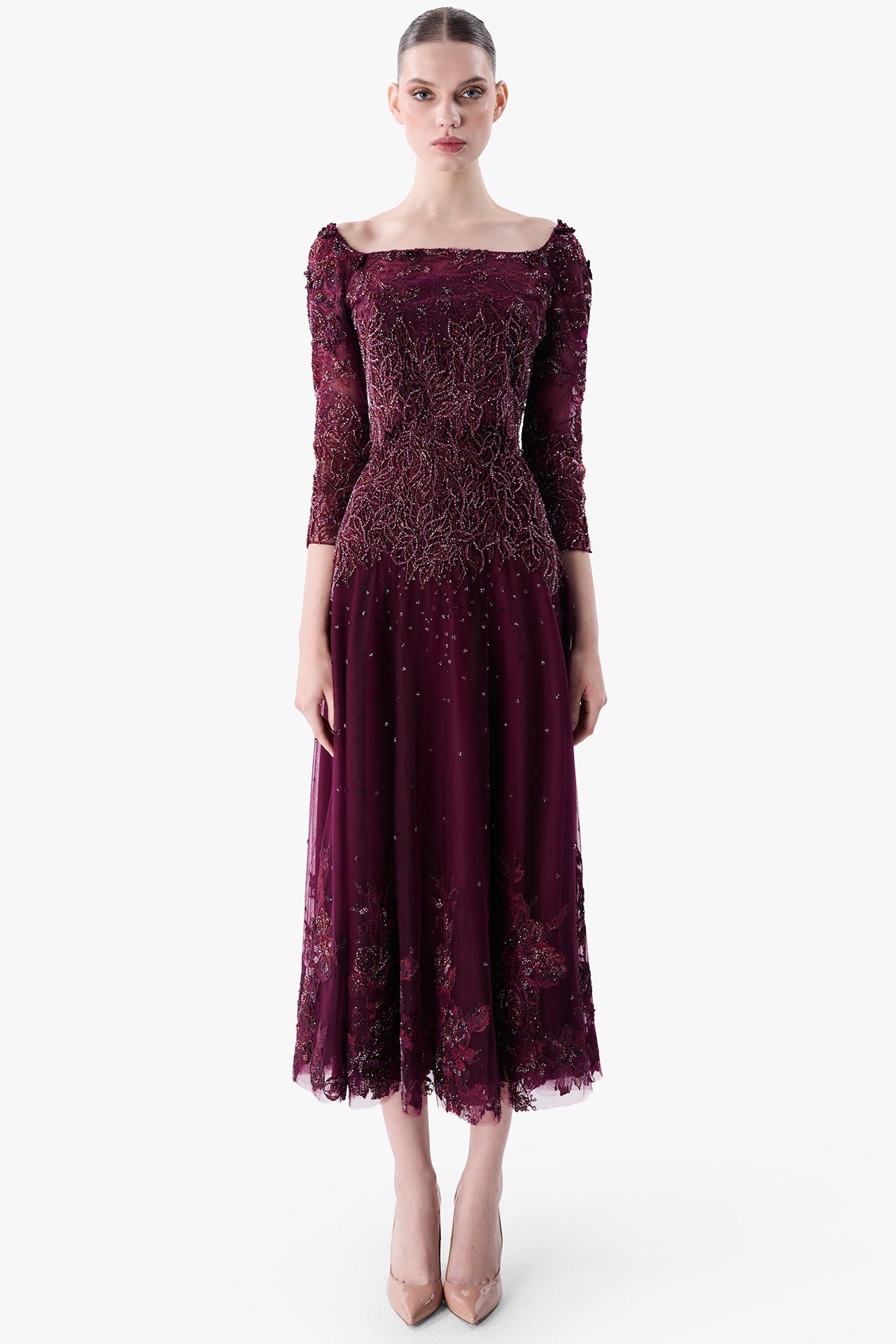 Load and play video in Gallery viewer, Embroidered Tulle Dress with Three-Quarter Sleeves
