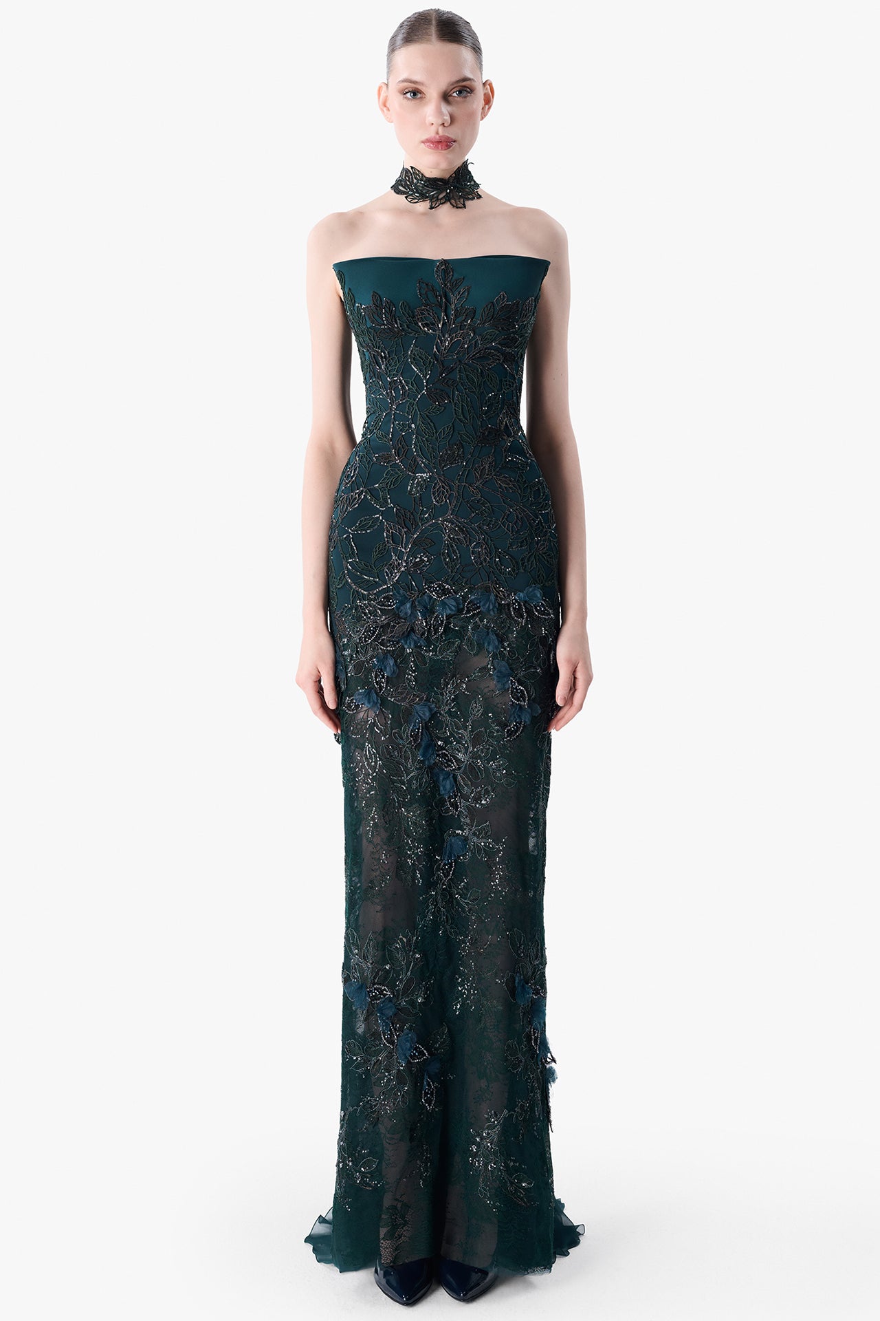 Load and play video in Gallery viewer, Embroidered Strapless Gown with Choker Cape
