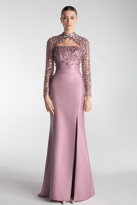 تحميل وتشغيل الفيديو في عارض المعرض، Structured Cape Sleeve Gown With Mirror Embroidery
