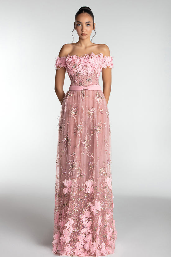 تحميل وتشغيل الفيديو في عارض المعرض، Off-Shoulder Floral Embroidered Tulle Gown
