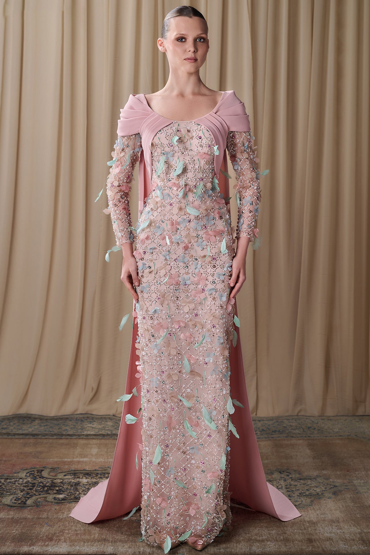 Load and play video in Gallery viewer, Embroidered Tulle Gown with Draped Cape
